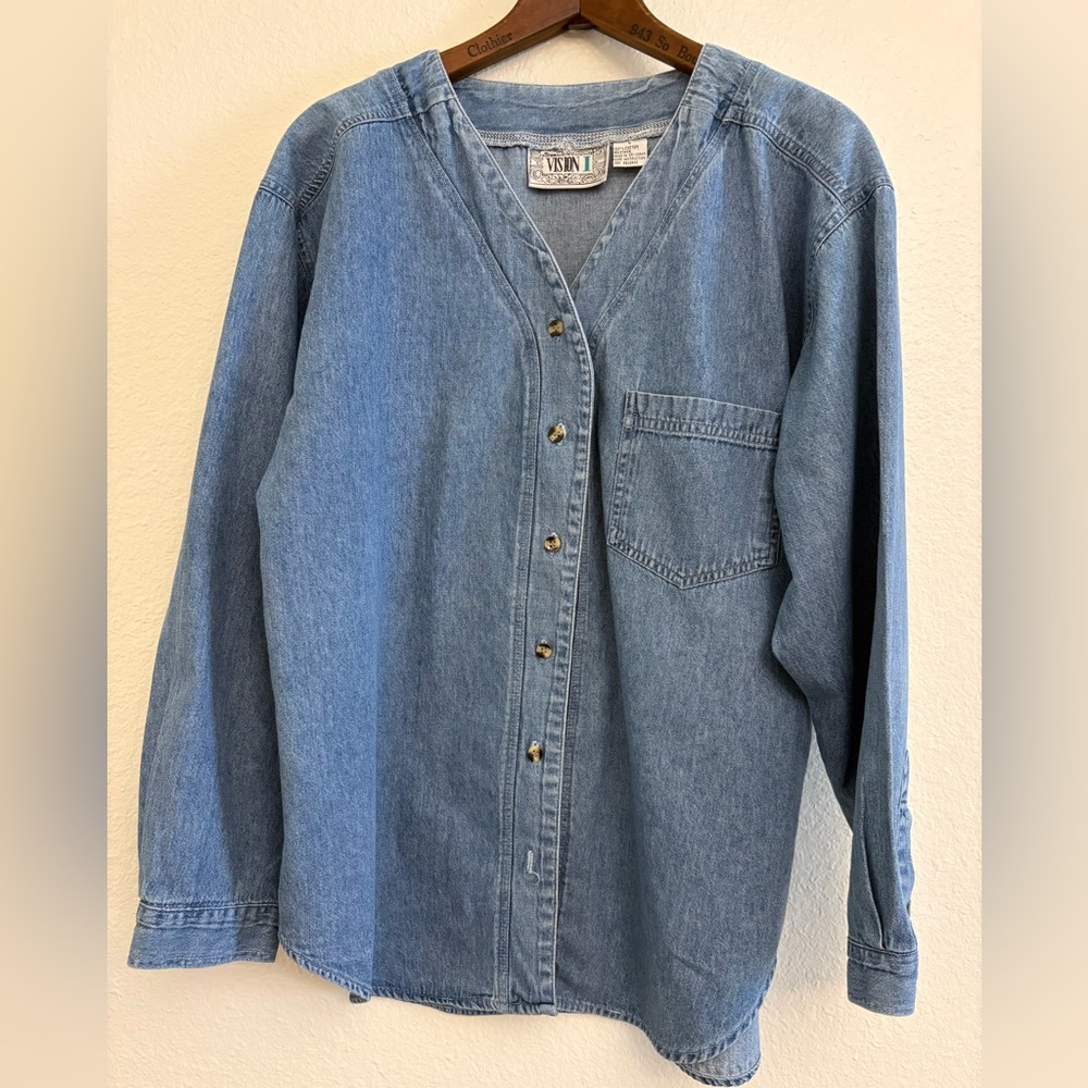 Vision I Denim 100% Cotton Button V-Neck Blouse Blue Long Sleeve Chest Pocket